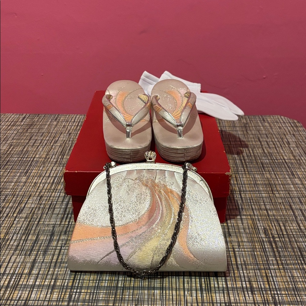 Authentic Japanese Elegant Silver and Gold Clutch with Sandals for a kid.